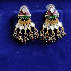 Kundan Floral Meenakari Pearl Drop Earrings