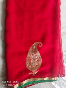 Bright Red Chiffon Saree With Border