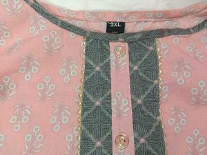 Pink Printed Kurta with Grey Neckline