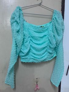 Aqua Ruched Swiss Dot Crop Top