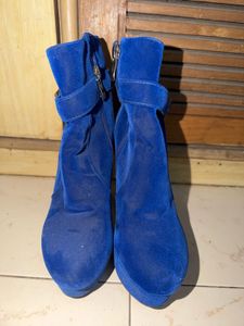 Blue Velvet Platform Heeled Boots