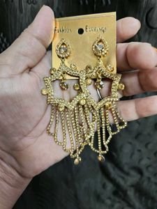 Gold Plated Stone Studded Long Dangler Earrings