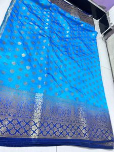 Elegant Blue &amp; Gold Banarasi Silk Saree
