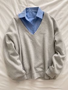 V-Neck Grey Sweatshirt with Blue Shirt Insert