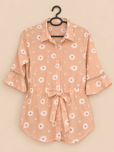 Peach Daisy Print Button-Up Top