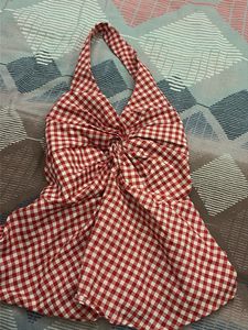 VIRAL Red Gingham Twist Front Halter Top