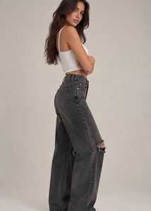 Charcoal Black High-Waisted Ripped Wide-Leg Jeans