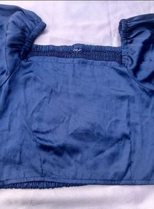 satin Navy Blue Square Neck Puff Sleeve Top