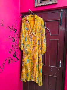 Yellow Floral Pleated Midi Dress
