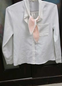 White Button-Up Shirt with Pink Bunny Ear Accents