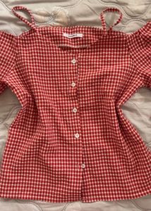 Red Gingham Cold Shoulder Top