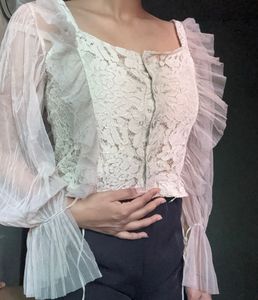 Sheer Lace Button-Up Blouse