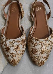 Beige & Gold Embroidered Flats