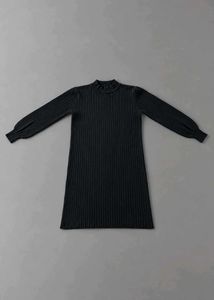 BLACK RIBBED HIGH NECK FLARED SWEATER DRESS