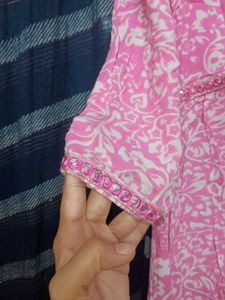 Pink Floral Print Kurta with Embellishments