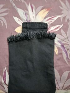 Denim Maxi Skirt with Fringe Hem