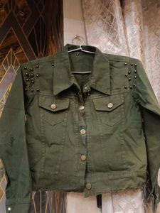 Olive Green Studded Denim Jacket