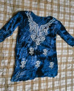 Blue Tie-Dye Kurta with White Embroidery