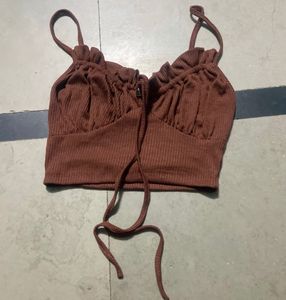 Brown Ribbed Cropped Top with Tie Detail