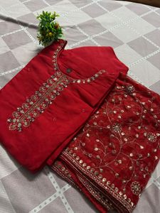 Elegant Red Embellished Kurta Set with Dupatta