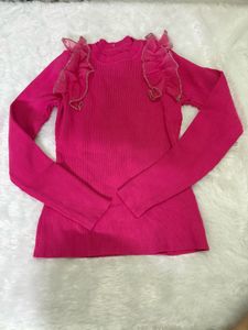 Chic Pink Ribbed Top with Ruffle Sleeves