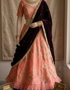Peach Lehenga Choli with Velvet Dupatta