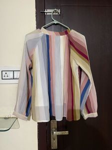 Striped Pleated Long Sleeve Top