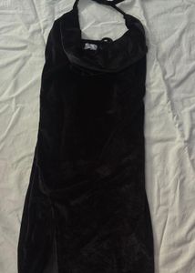 Black Halter Neck Velvet Dress With A Slit