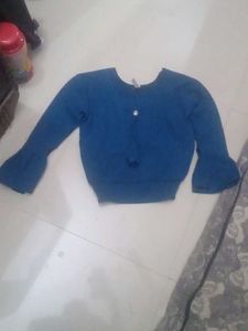 Blue Casual Long Sleeve Top(hip stretchable)