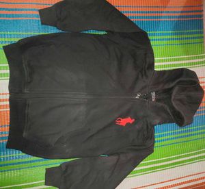 Black Zip-Up Hoodie with Red Logo