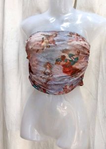 I. Sheer Ruched Tube Top with Cherub Print