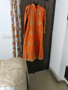 Orange Embroidered Kurta With Skirt