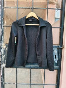 Black Ribbed Button-Up Cardigan