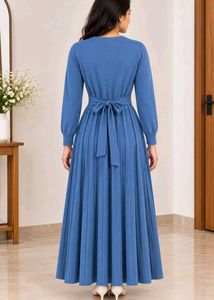 Blue Wrap Pleated Midi Dress