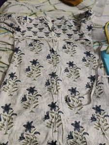 White Kurta with Blue Floral Print