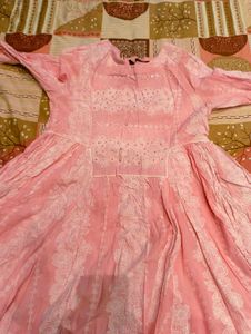 Pink Cotton Kurta with White Lace Details