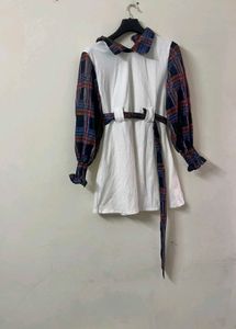 Chic White Dress with Plaid Sleeves