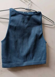 Blue Ribbed Cropped Tank Top