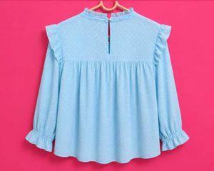 Sky Blue Swiss Dot Ruffle Neck Top