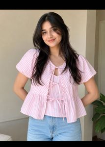 Size (M) Pink Striped Puff Sleeve Top