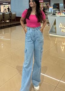 Light Wash Wide Leg Cargo Jeans