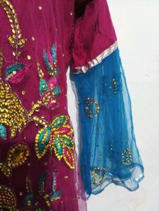 beautiful dark pink and blue kurti with duppatta a
