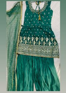 Sea green Embroidered kurta-sharara with dupatta