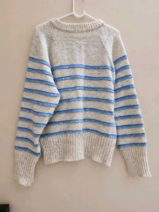 Cream &amp; Blue Striped Knit Sweater