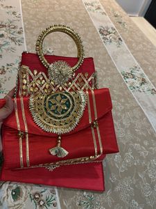 Combo of 3- Heavy Red Golden Clutch with Zari