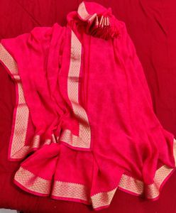 Brand New Red Saree with Golden Border