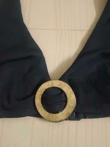 Navy Blue Bikini Top with Gold Ring Detail