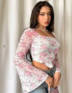 Floral Bell Sleeve Mesh Crop Top