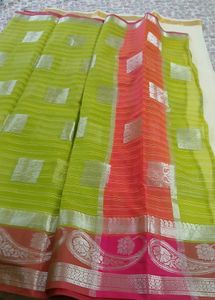 Elegant Lime Green Saree with Pink Blouse