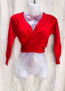 5278. V-Neck Red Wrap Crop Sweater